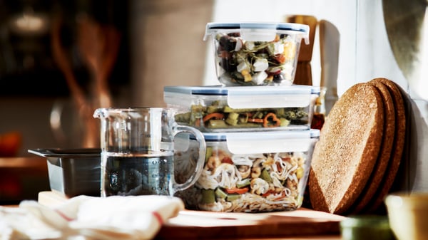 A square glass/plastic IKEA 365+ food container with lid