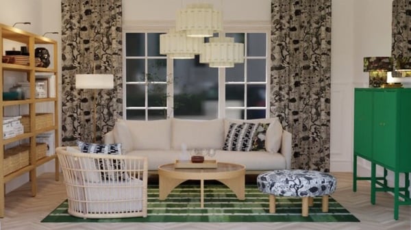 A furnished living room shown in a 3D view, featuring a sofa, shelves, a green storage unit, a table, a rug and textiles in light and green tones.