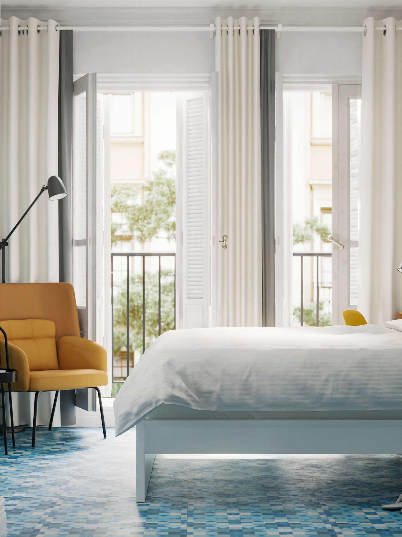 A white/Luröy MALM bed frame, high in the home office