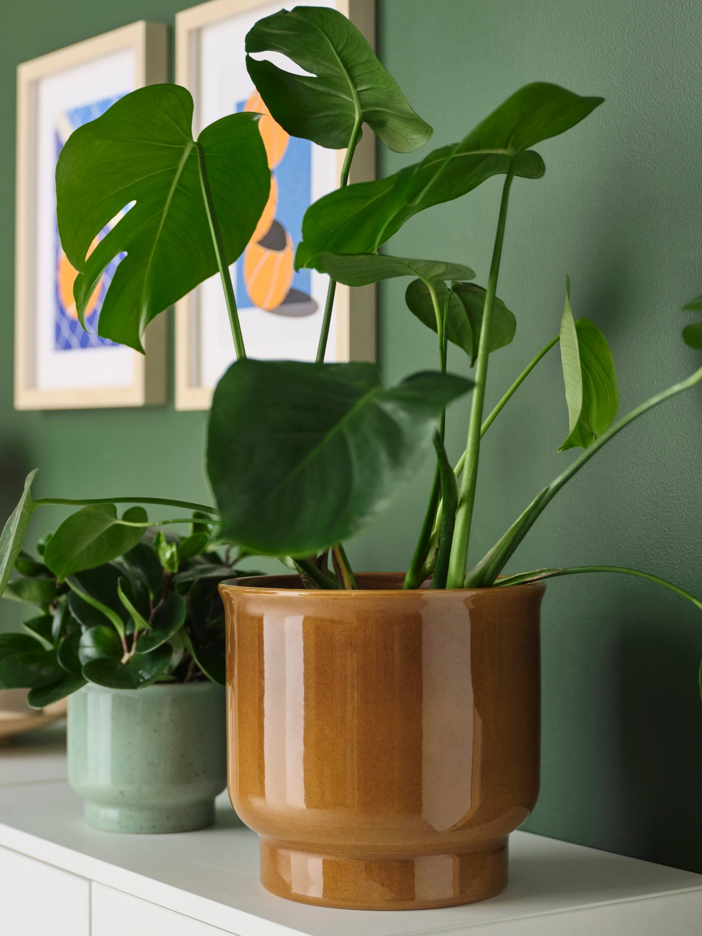 Un pot de fleurs SAMMETSSYREN, pour l'intérieur et l'extérieur, de couleur jaune-brun, dans le salon