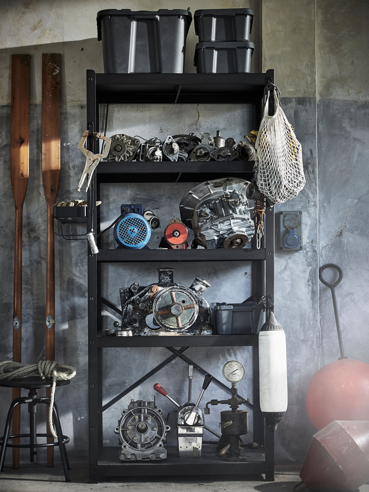 A black BROR shelving unit