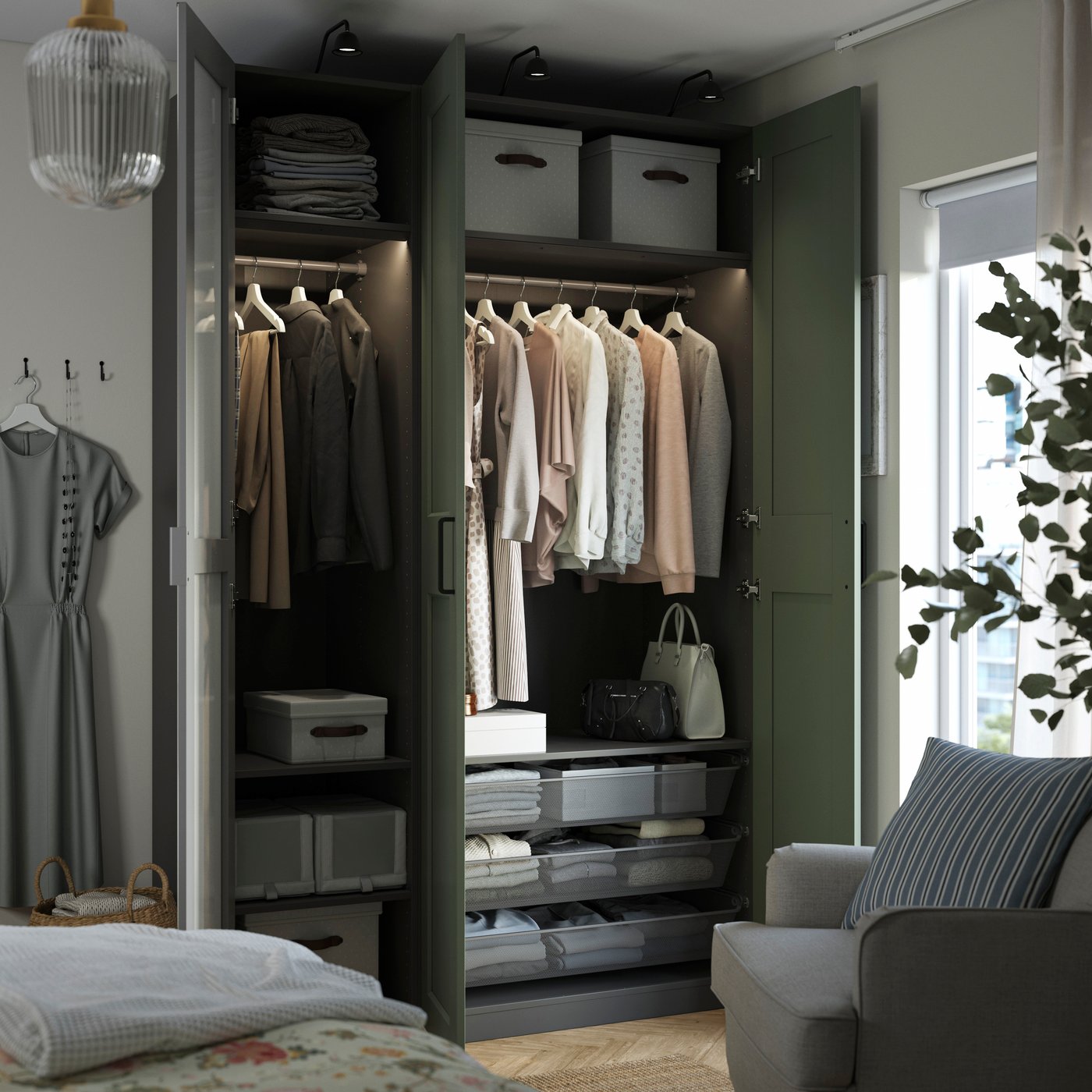 A dark grey mirror glass/grey grey-green PAX wardrobe combination