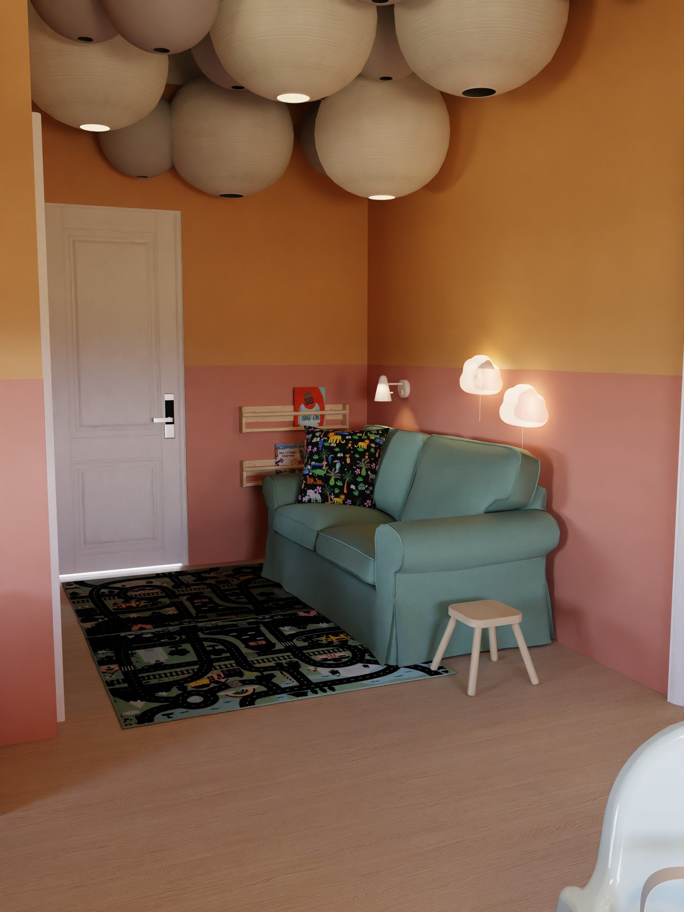 ruhige Sofaecke mit großen Papierleuchten an der Decke.