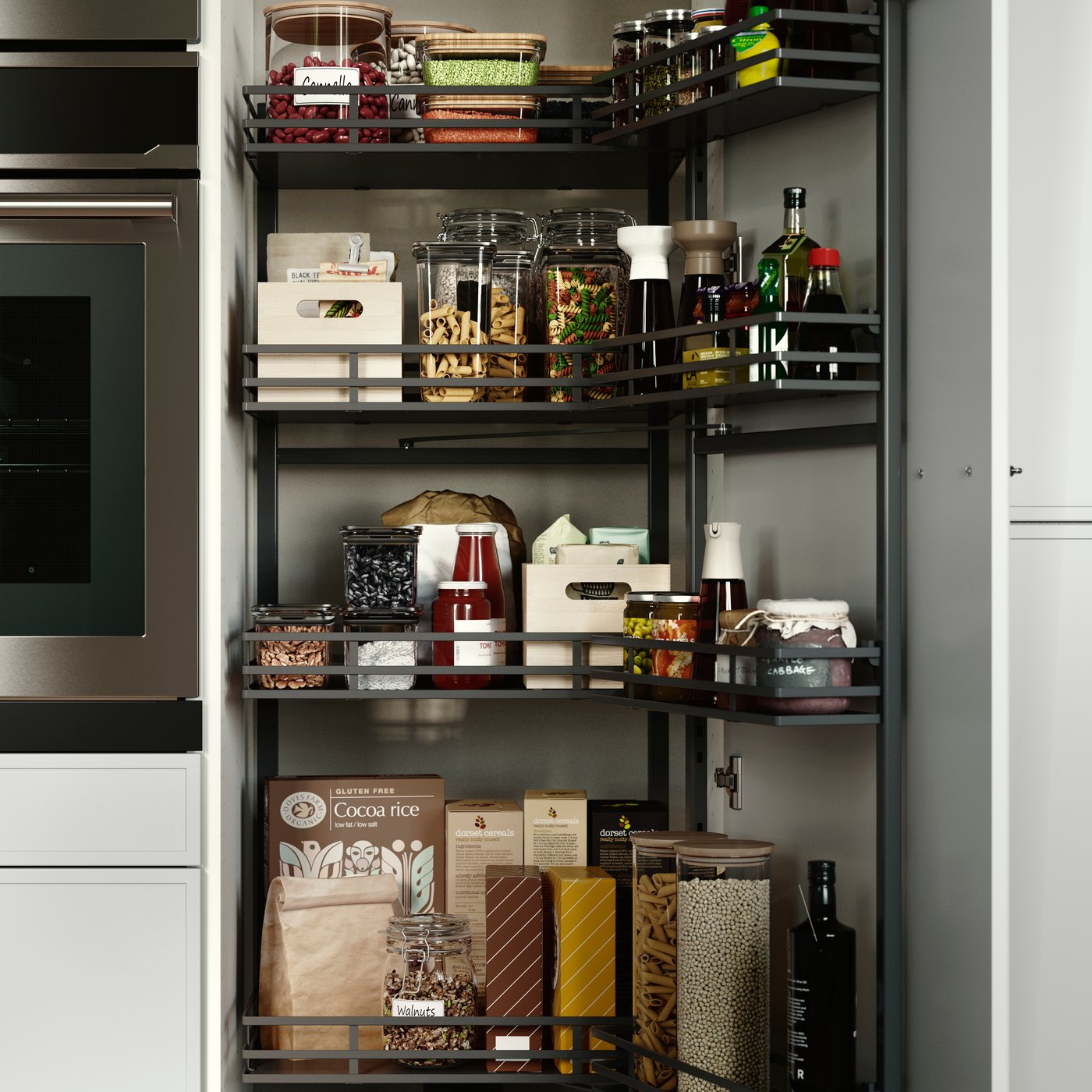 A pantry with UTRUSTA pull-out larder, neatly filled with jars, bottles, pasta, sauces, and wooden boxes on the shelves.