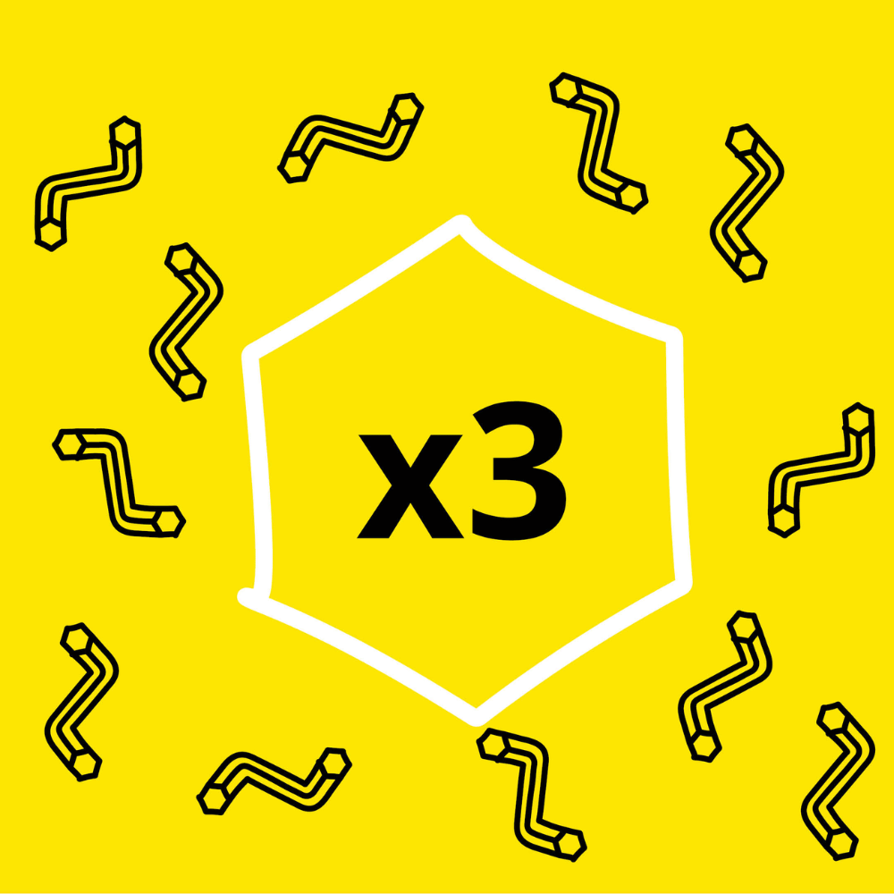 Fond jaune avec un hexagone blanc et “x3” en noir; autour, petits pictogrammes de clés Allen.