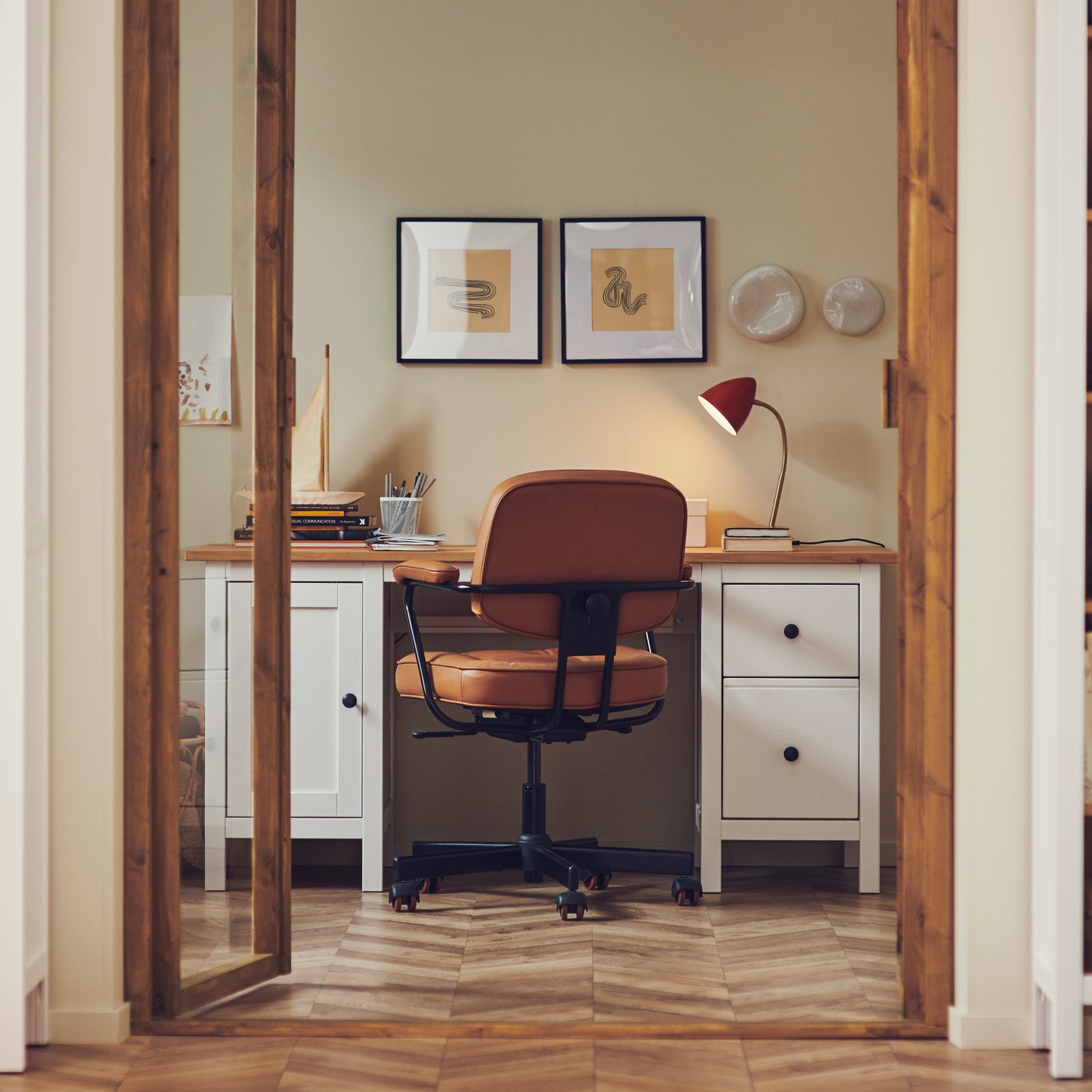 A white stain/light brown HEMNES desk