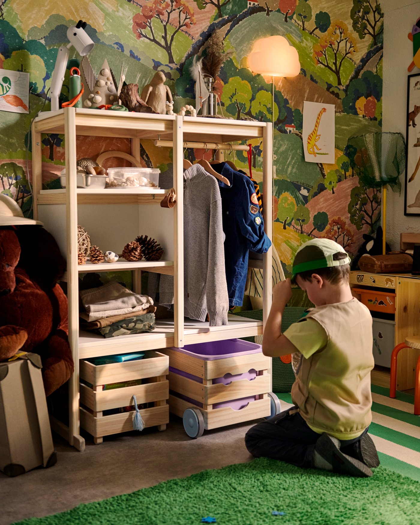 A light white stained pine/white FLISAT open storage in the childrens room