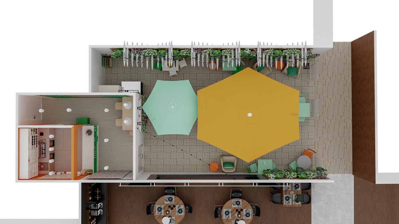 Grundriss einer Terasse und eines Cafés aus der Vogelperspektive. Rechts das Café mit einem Tisch und drei Stühlen, sowie einer Thekenlösung mit Aufbewahrung. Rechts eine große Terasse mit Outdoormöbeln und zwei Sonnenschirmen. Im unteren Bildbereich Teil eines Restaurants mit eingedeckten Tischen und Stühlen.