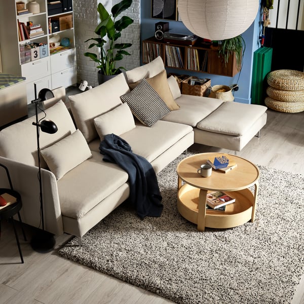 A with chaise longue with open end/Fridtuna light beige SÖDERHAMN 4-seat sofa-bed