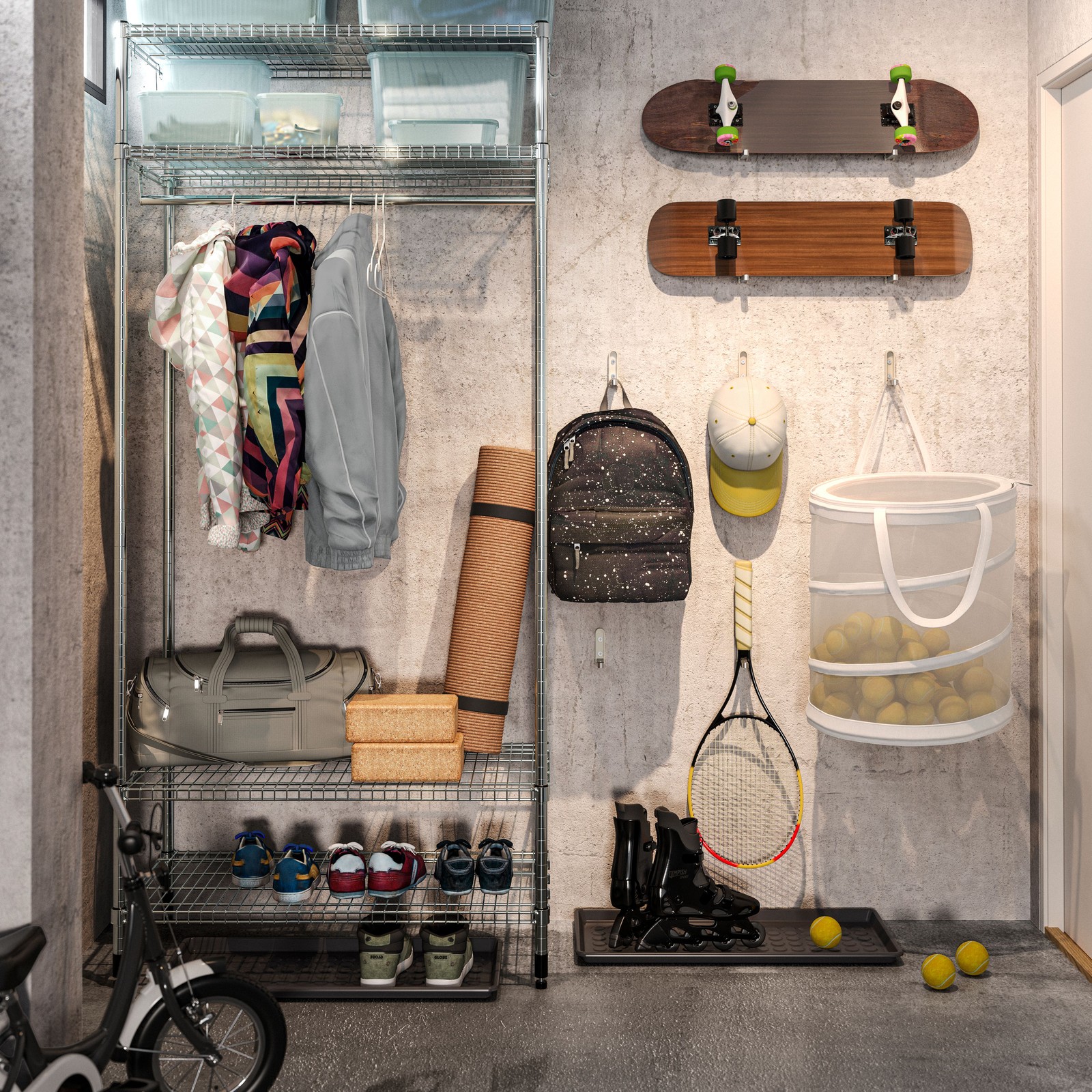 Skateboards, a racquet and a bag of tennis balls hang on a wall. Clothes, shoes and other gear are in an OMAR shelving unit.