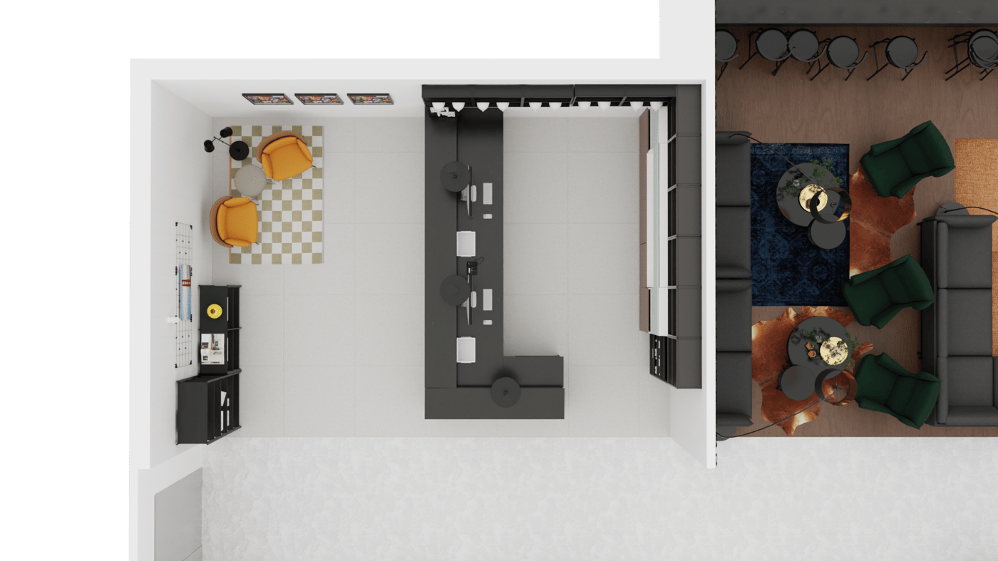 Grundriss einer Hotellobby mit anschließendem Loungebereich aus der Vogelperspektive. Links Rezeption mit Tresen, Aufbewahrung und Sitzmöbeln. Rechts Loungebereich mit Sofas, weiteren Sitzmöbeln und Tischen.