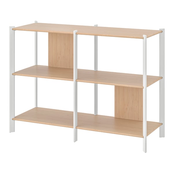 A white/light bamboo JÄTTESTA shelving unit in the NA