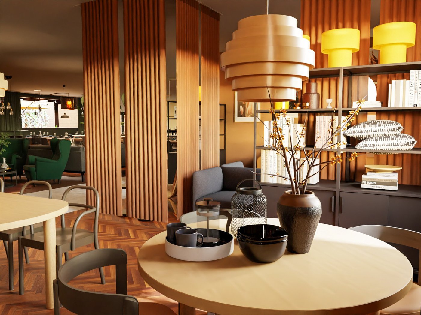 Teil einer Hotellobby. Im Vordergrund ein runder Tisch mit vier Stühlen und Dekorationsgegenständen, dahinter ein Regal mit teils offener und teils geschlossener Aufbewahrung. Daneben und im weiteren Hintergrund verschiedene Sitzmöbel.