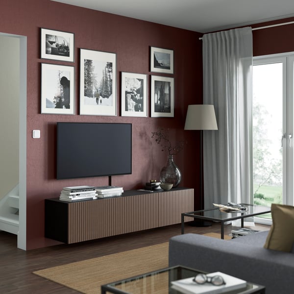 A black-brown Björköviken/brown stained oak veneer BESTÅ TV bench with doors