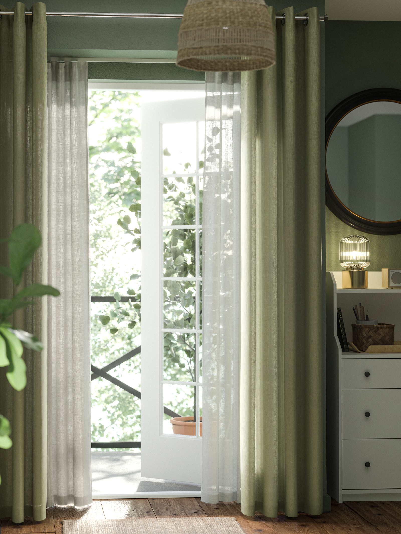Sunlight shining through an open glass door with green plants outside, beige and green sheer curtains in layers.