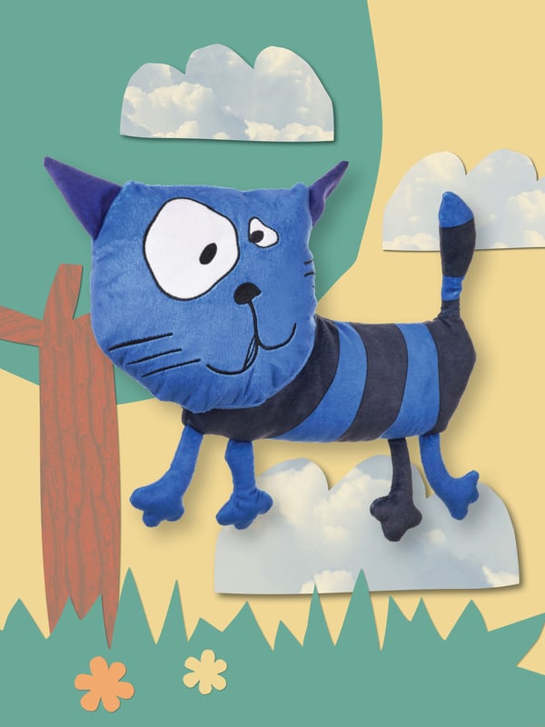The SAGOSKATT 2021 blue cat soft toy is taking a walk in an illustrated forrest.