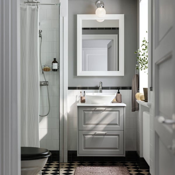 A light grey/white marble effect TÄNNFORSEN wash-stnd w drawers/wash-basin/tap