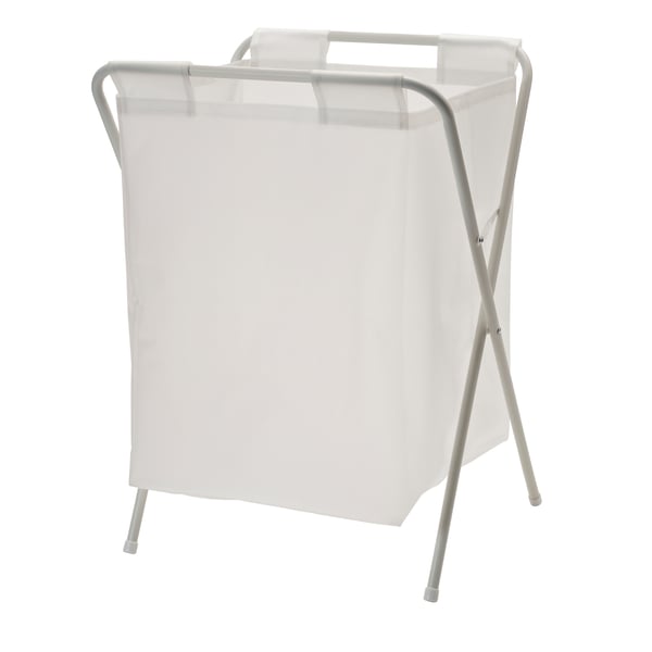 A white JÄLL laundry bag with stand in the NA