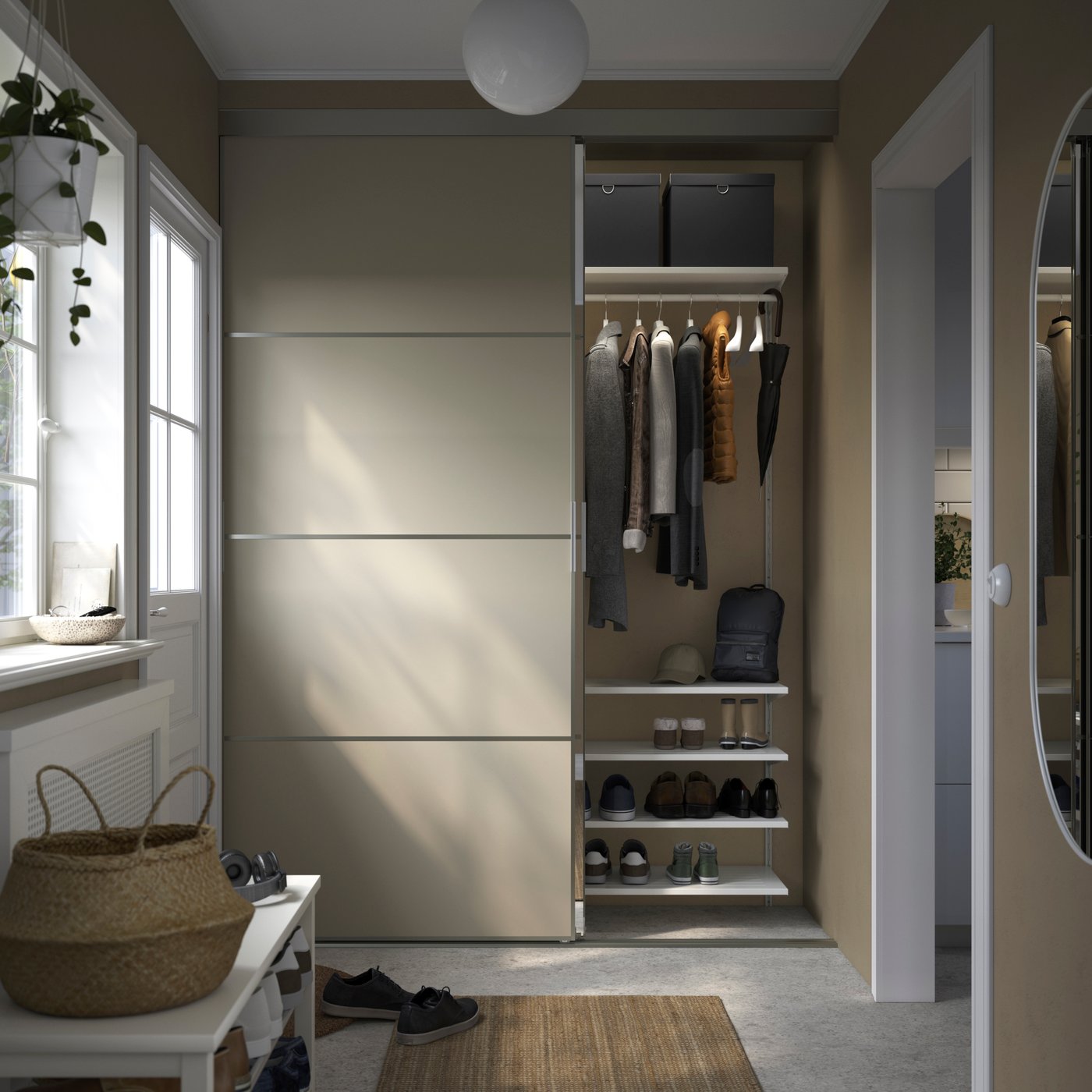 An aluminium Mehamn/Auli/grey-beige mirror glass BOAXEL reach-in wardrobe with sliding door