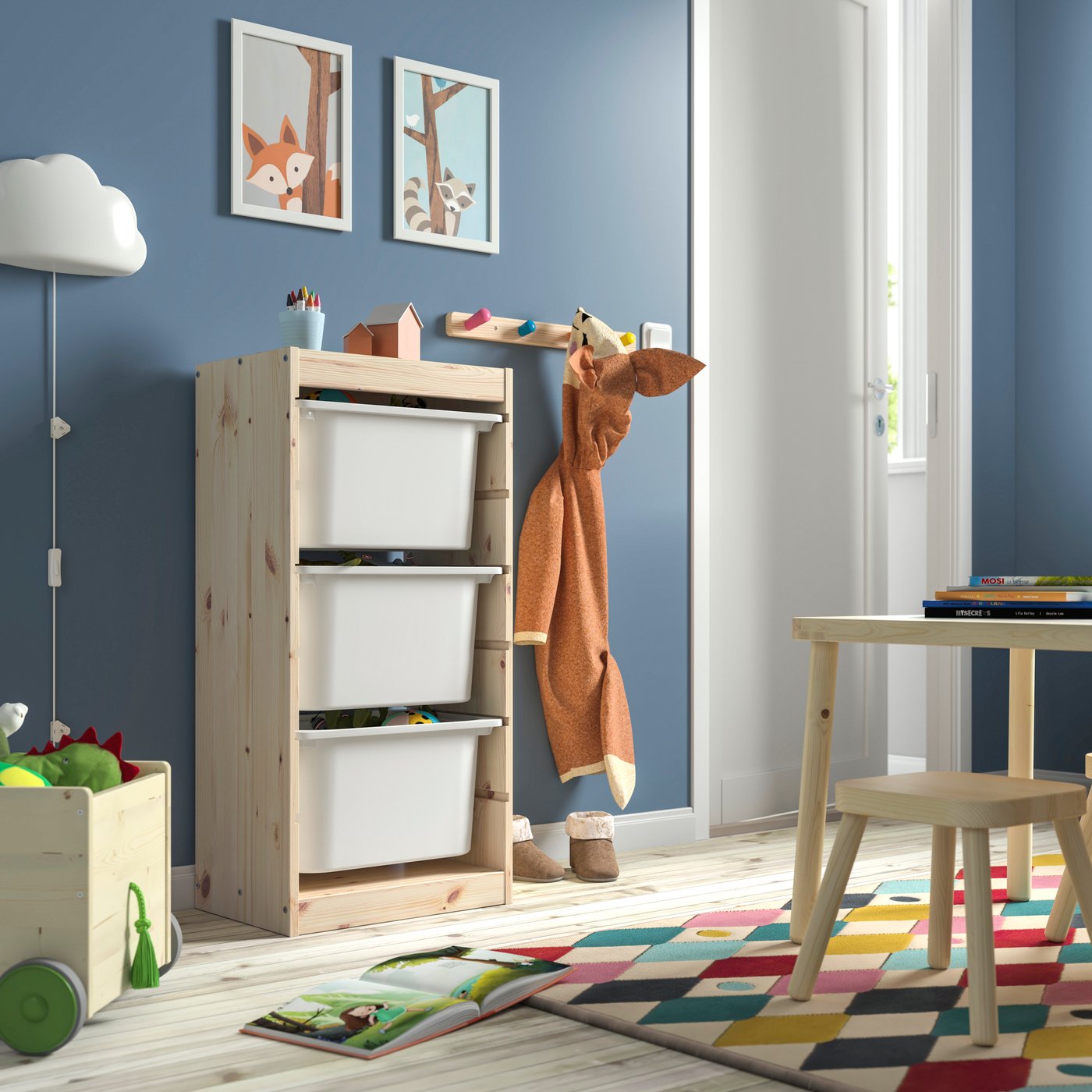 A light white stained pine/white TROFAST storage combination with boxes