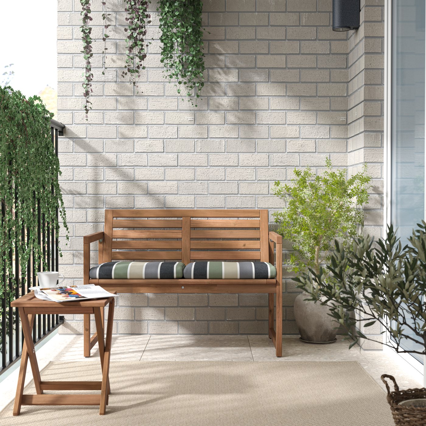 A light brown stained/Frösön/Duvholmen stripe pattern NÄMMARÖ bench with backrest, outdoor