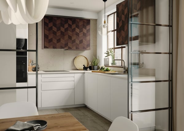 IKEA white modern kitchen with white worktops in a beige room with wood upper accent cabinets