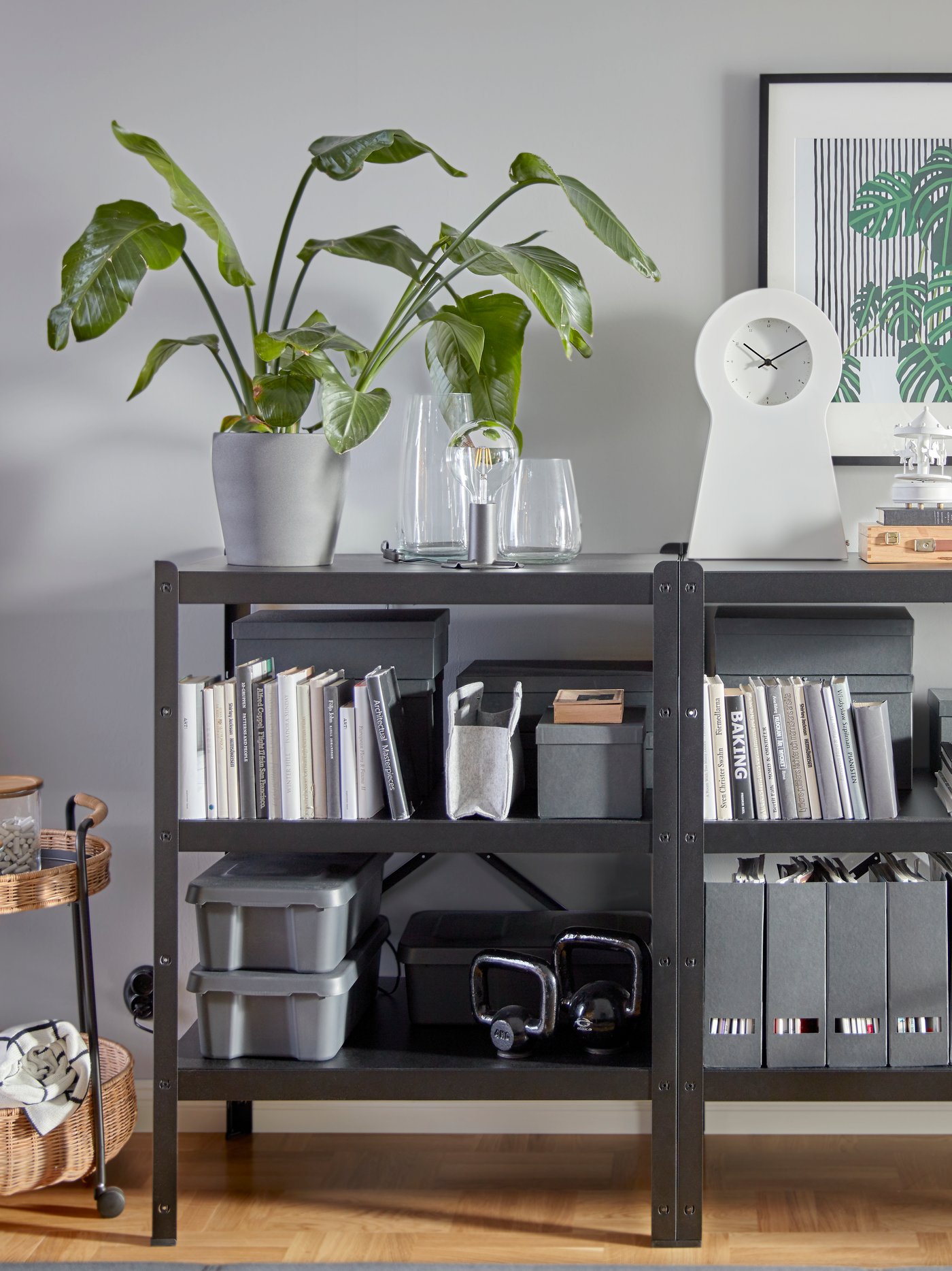 Zona de comedor con dos estanterías negras con cajas, revisteros y libros. Sobre el mueble hay una maceta.
