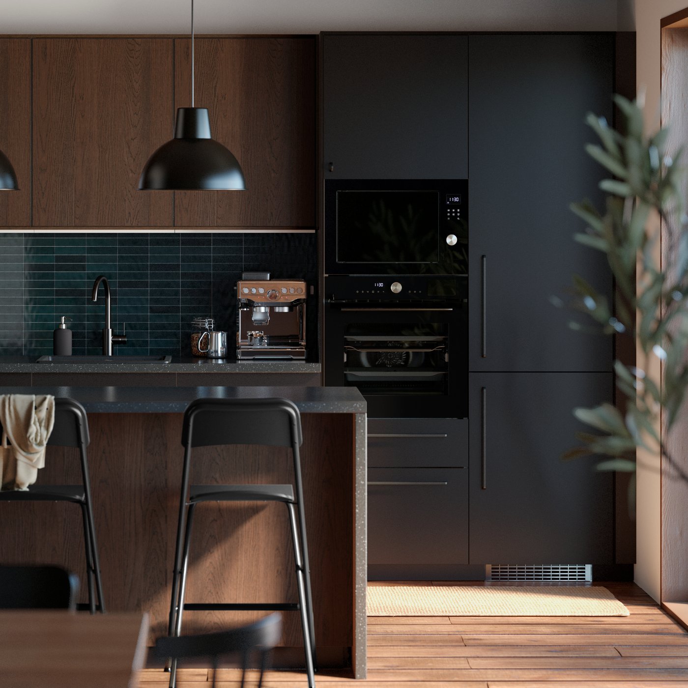 Ett kök med en svart mikrovågsugn.