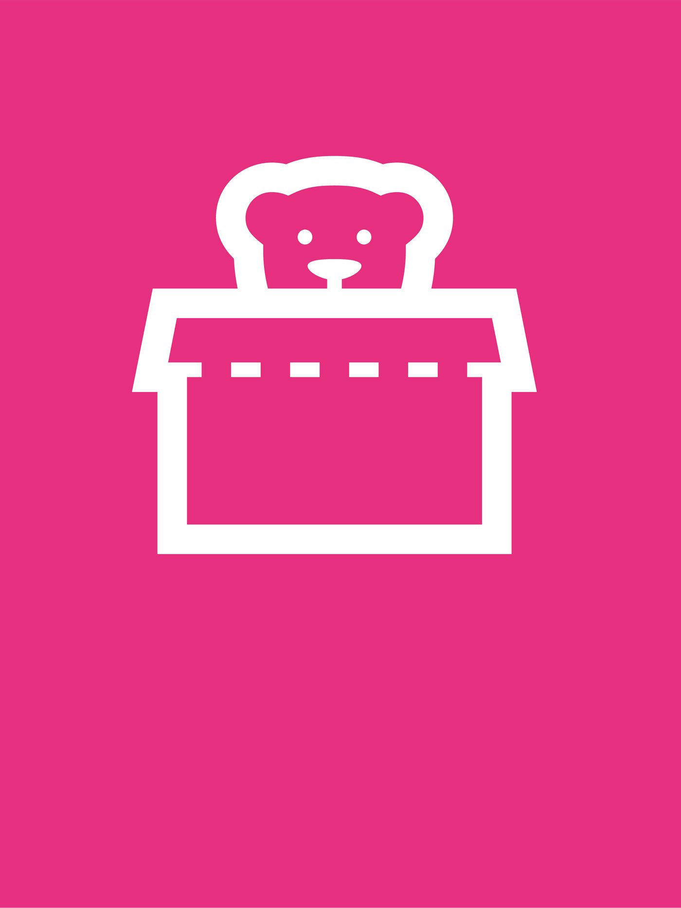 A white icon on a bright pink background representing a box with a teddy bear in it.