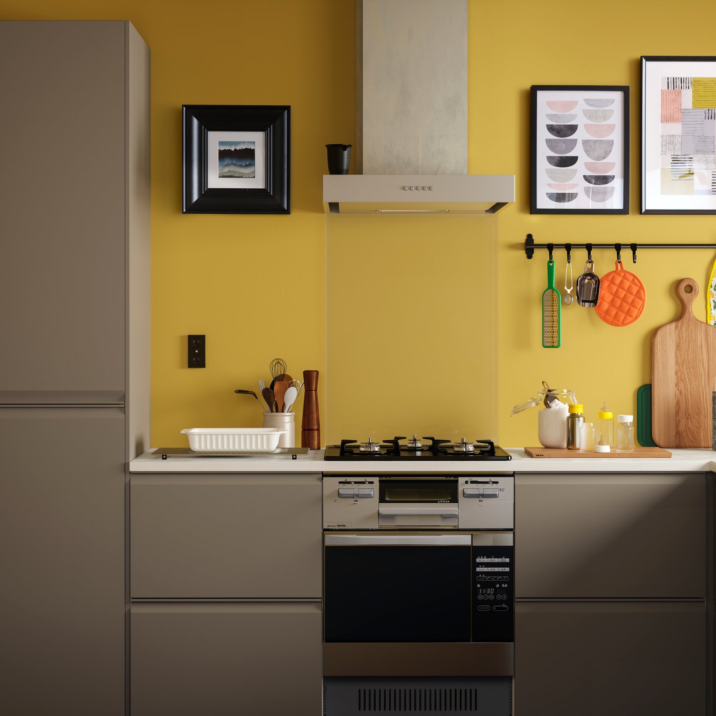 En mat, mørkbeige UPPLÖV skuffefront i et køkken.