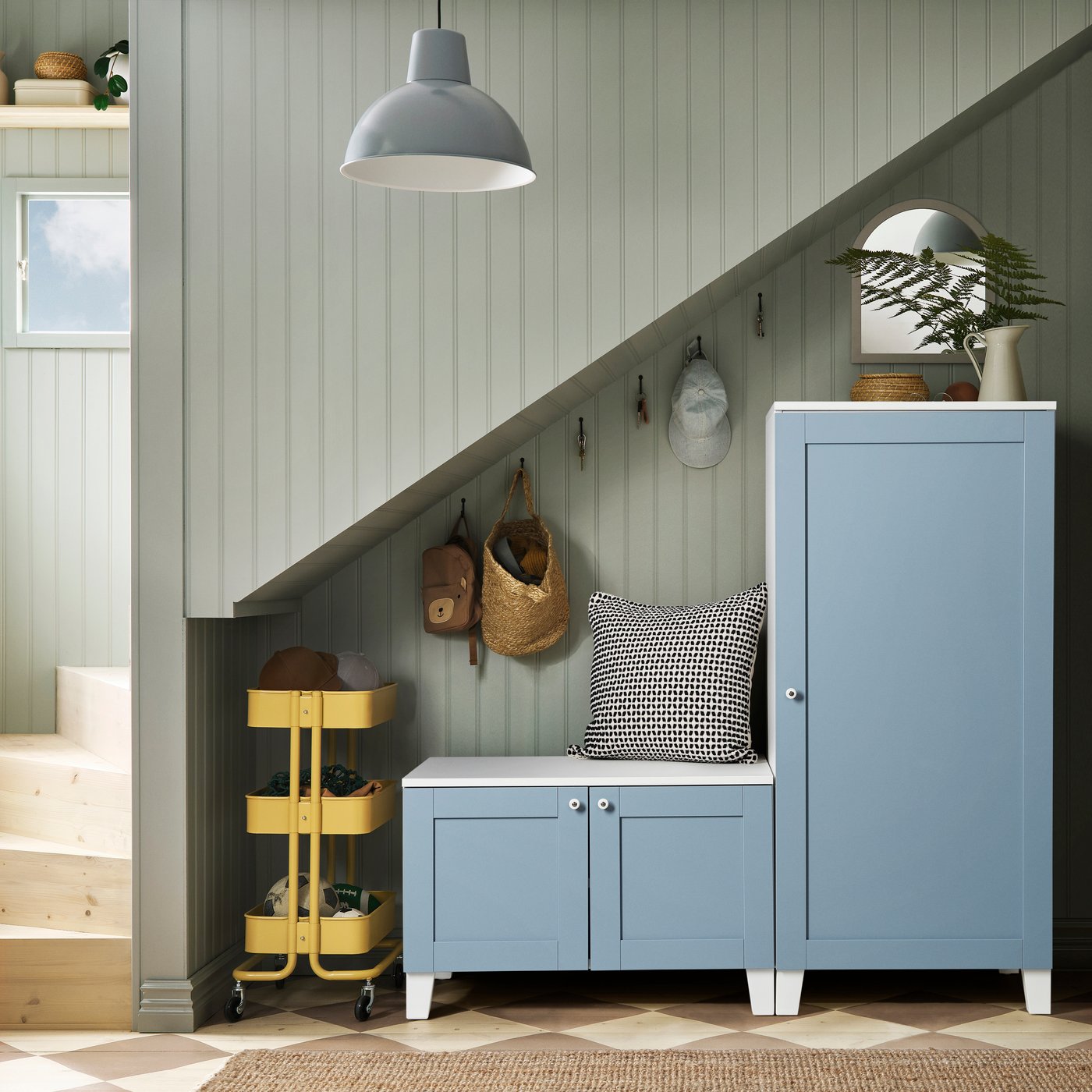 A white/Sannidal blue PLATSA wardrobe with 3 doors