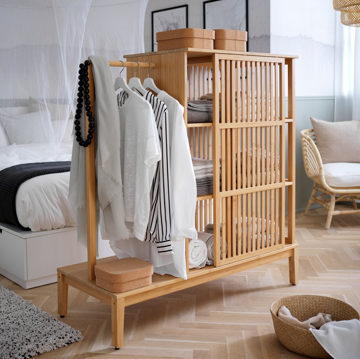 A bamboo NORDKISA open wardrobe with sliding door