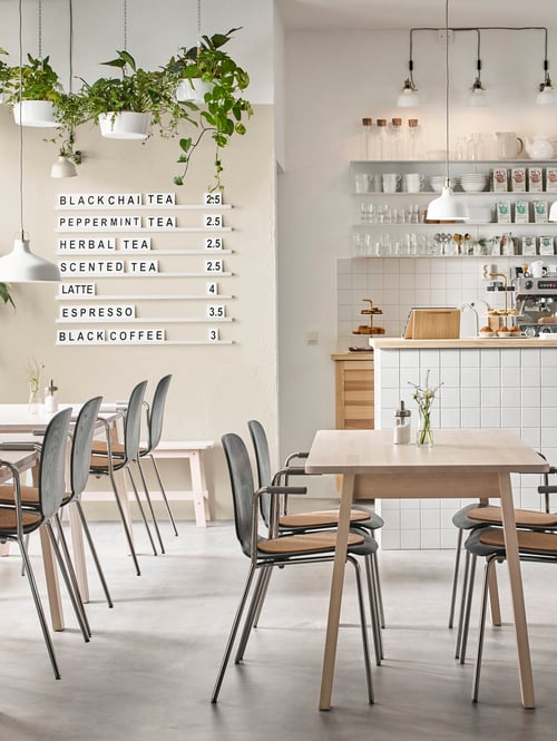 Dining room with multiple rectangular tables made of solid birch, placed under multiple pendant lamps and hanging planters.