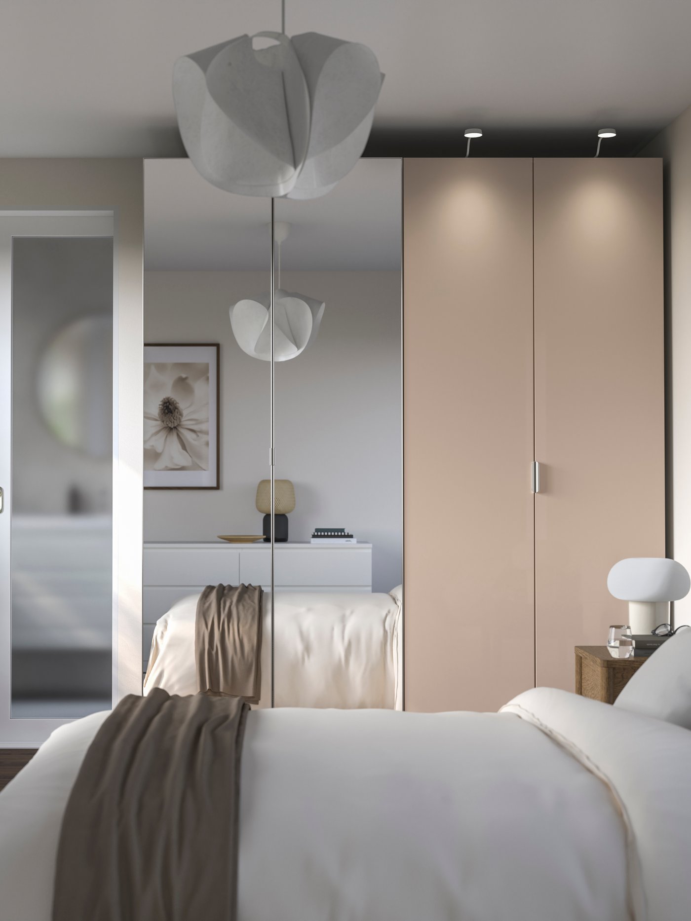 A grey-beige high-gloss/light orange mirror glass PAX wardrobe combination