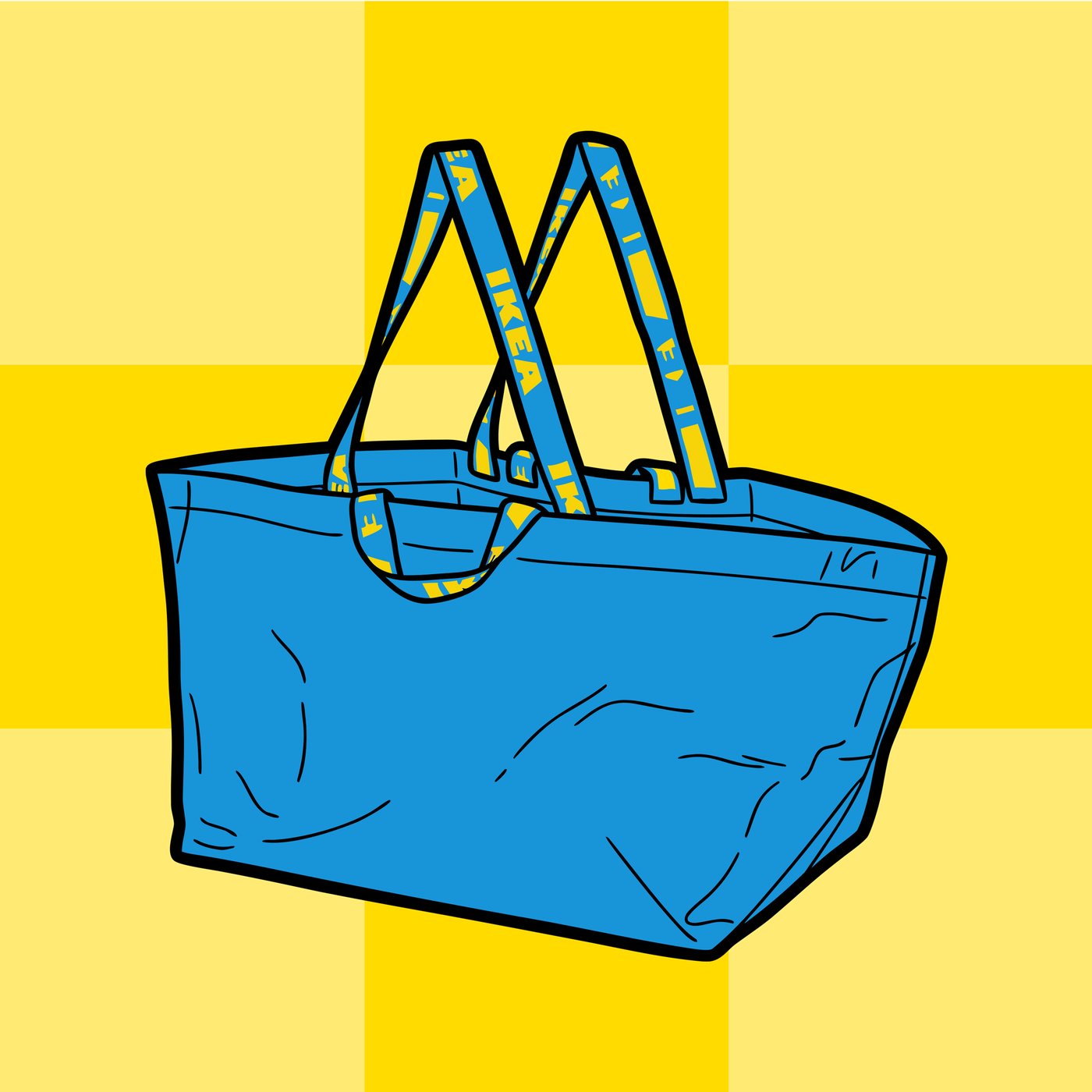 Keltaisella ruututaustalla on animoitu sininen IKEA-kassi, jonka olkaremmeissä lukee IKEA.