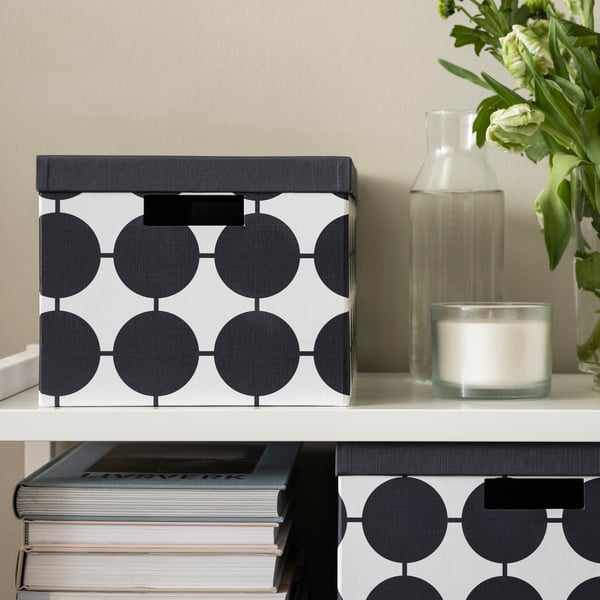  TJENA storage box with black and white polka-dot lid