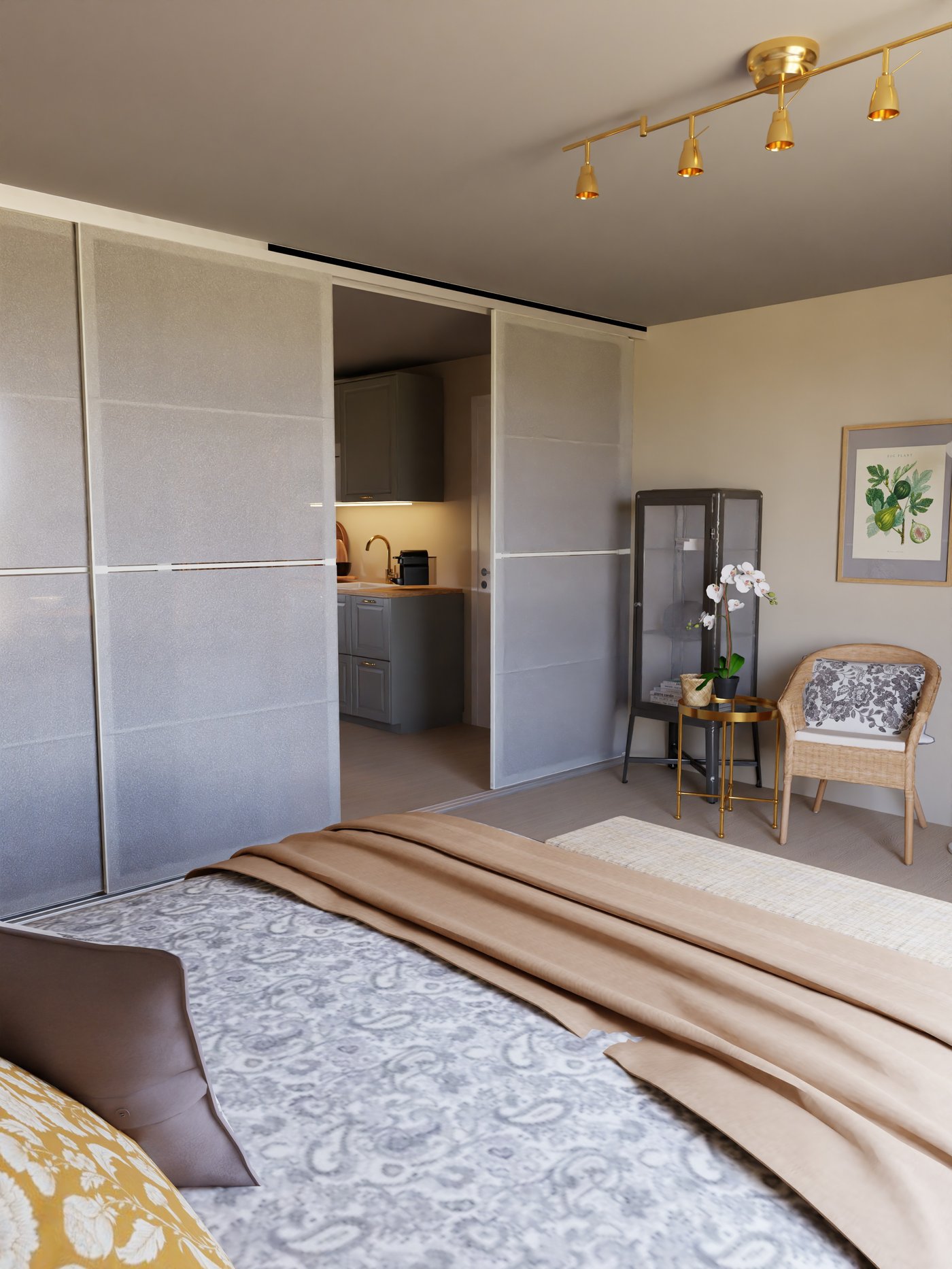 Schlafzimmer mit geöffneter großer Glastür zum Wohnzimmer