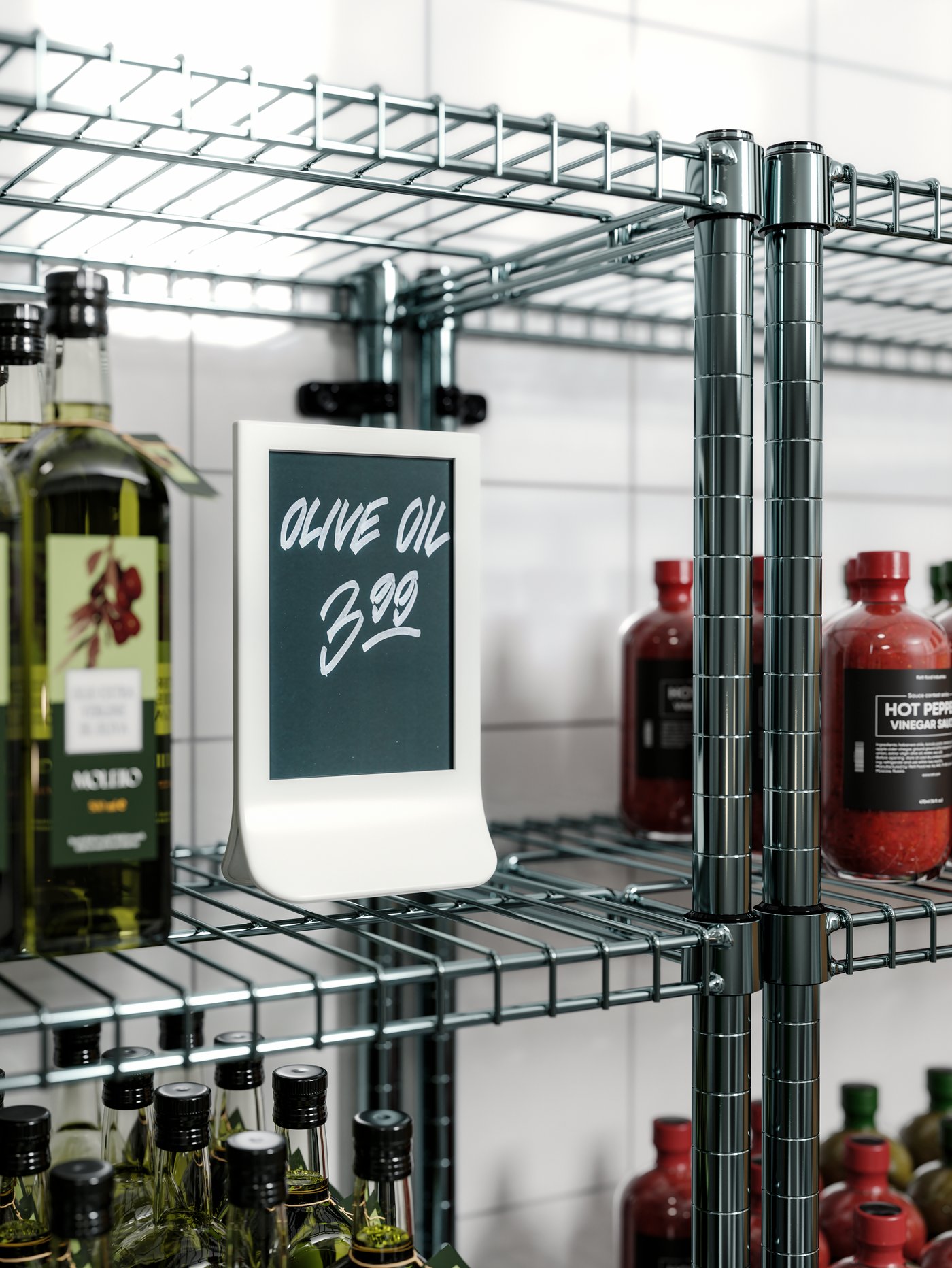 A FIESTAD menu holder used for displaying prices, placed on a metal shelf next to olive oils and bottles of red sauces.