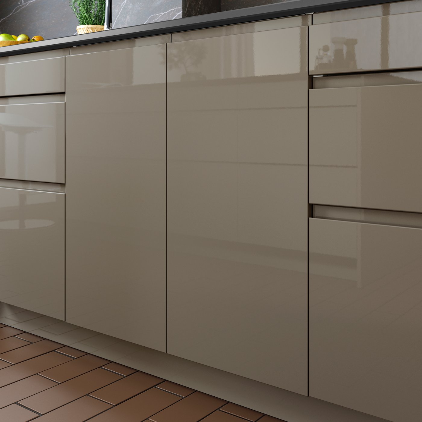 A high-gloss dark grey-brown VOXTORP door