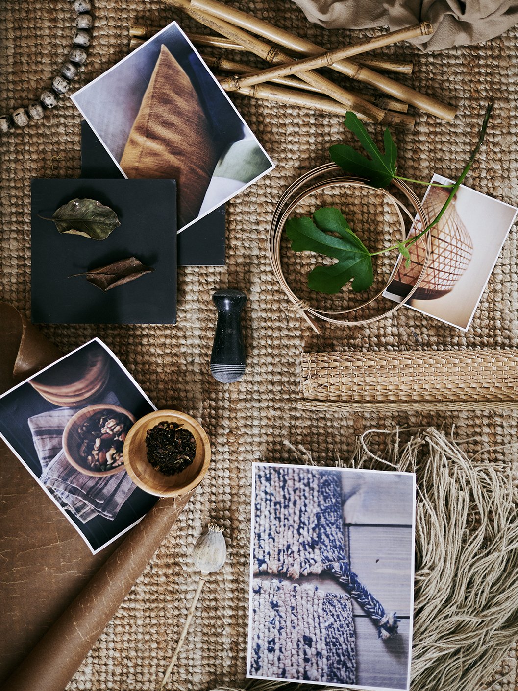 Bamboo, jute and other natural materials are arranged together as a moodboard of this home's style.