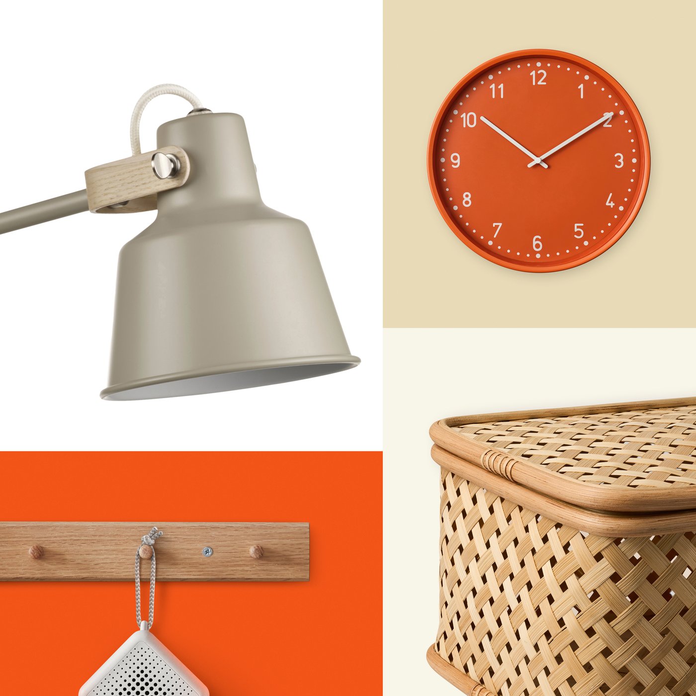 A four-image collage with various products, including a beige SJÖMAKT desk lamp, an orange wall clock, and a woven basket.