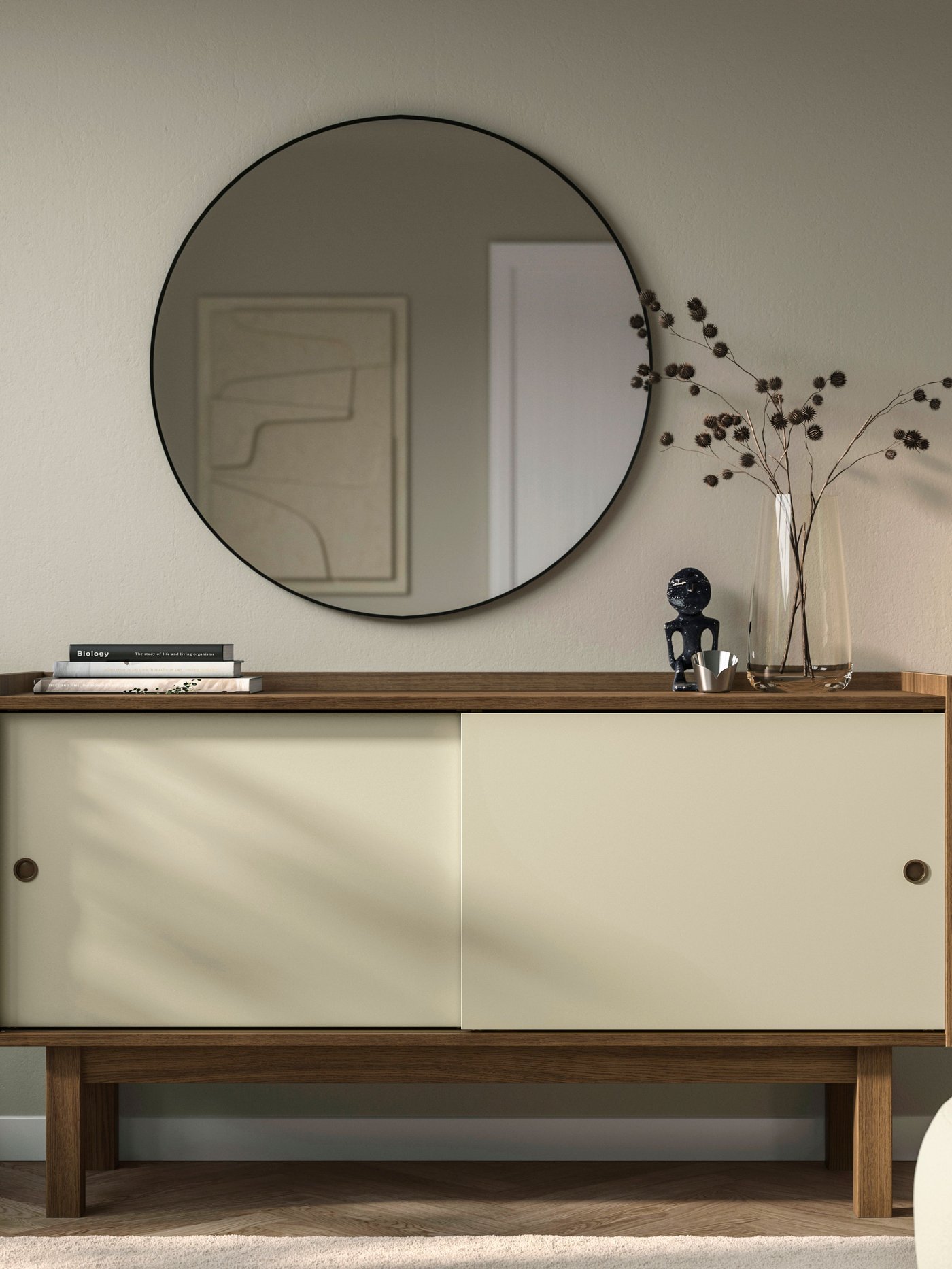 A dark beige wood/light beige FÖRSÄLJARE sideboard