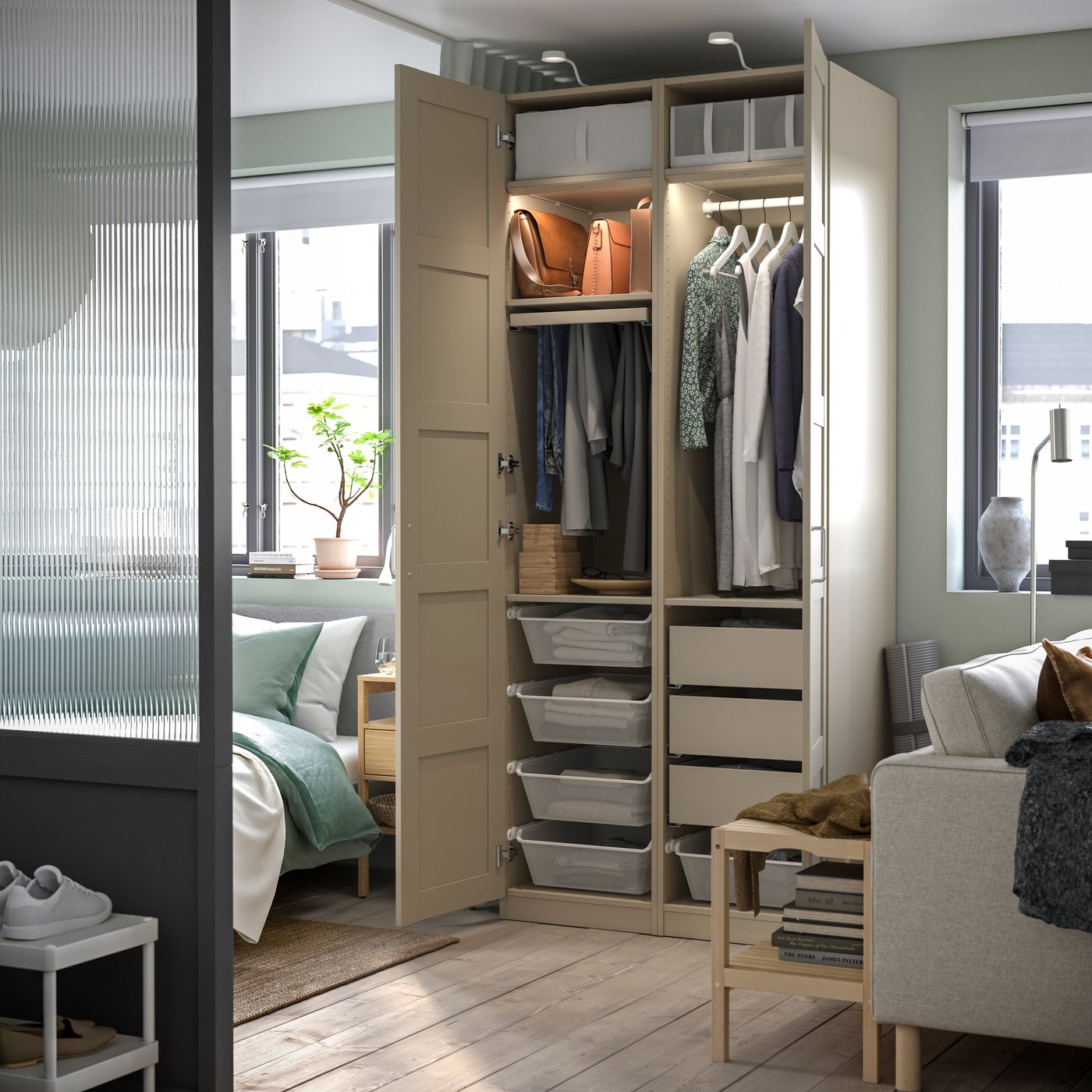 A grey-beige/grey-beige PAX wardrobe combination in the bedroom