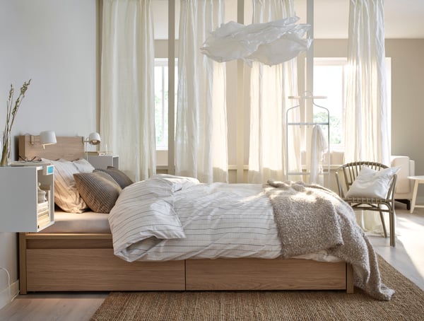 A white stained oak veneer MALM bed frame, high, w 4 storage boxes