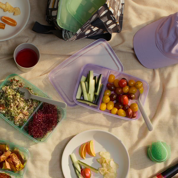 A lilac/green PRUTA sandwich container with lid