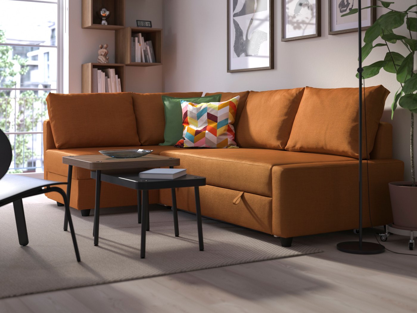 A Faringe brown-orange FRIHETEN chaise longue for corner sofa-bed