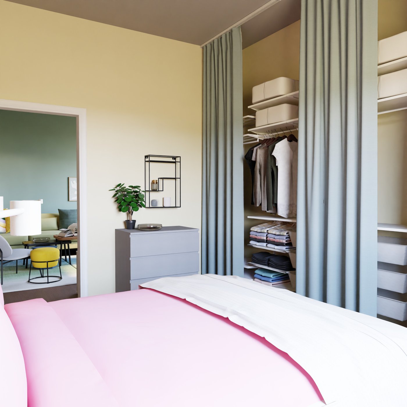 Schlafzimmer mit offener Kleideraufbwahrung welche durch Vorhönge getrennt ist