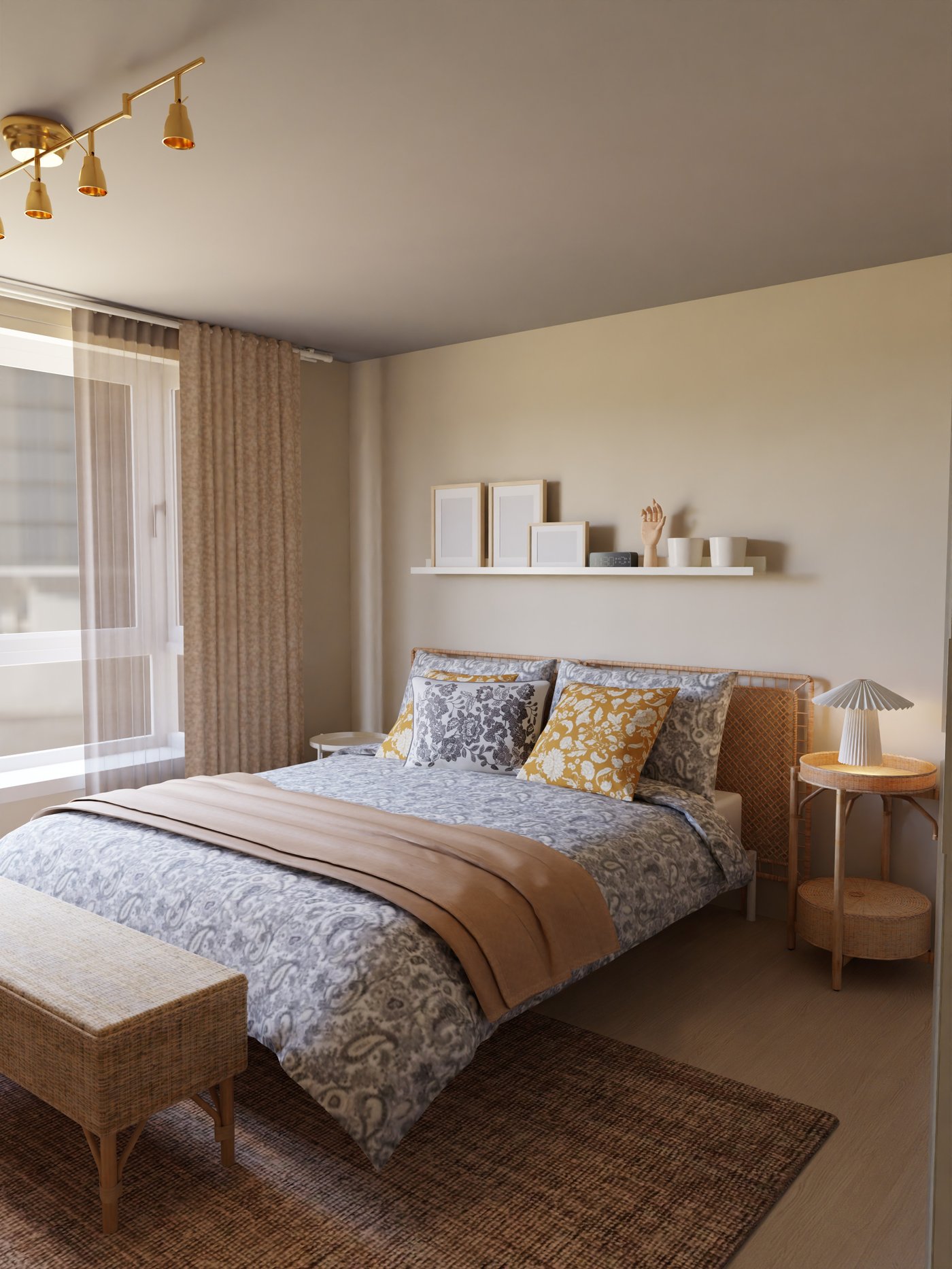 Bett mit Bettwäsche im Landhausstil und großem Teppich darunter.