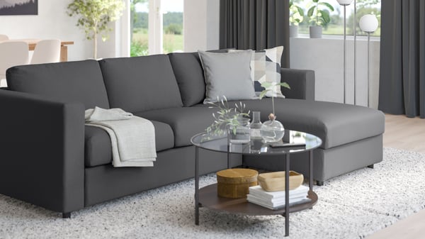 A Hallarp grey VIMLE 3-seat sofa with chaise longue in the living room