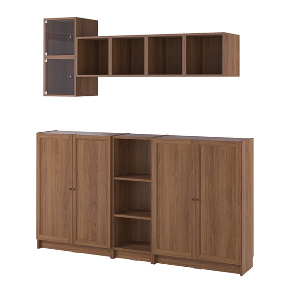 A brown walnut effect/clear glass BILLY storage combination with doors
